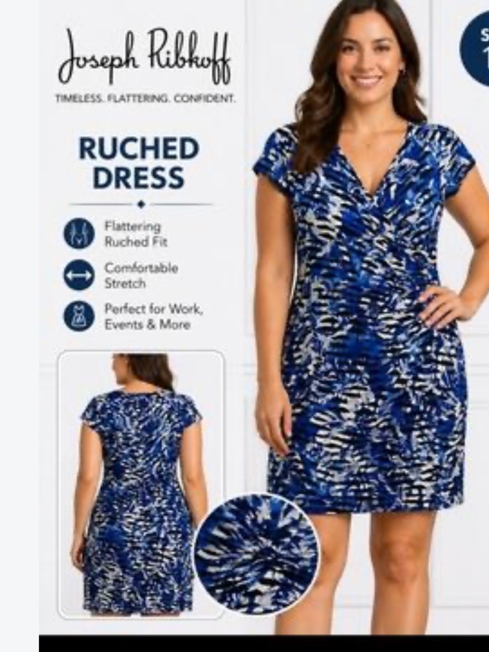 Joseph Ribkoff Blue, Black & White Abstract V-Neck Ruched Dress size 8